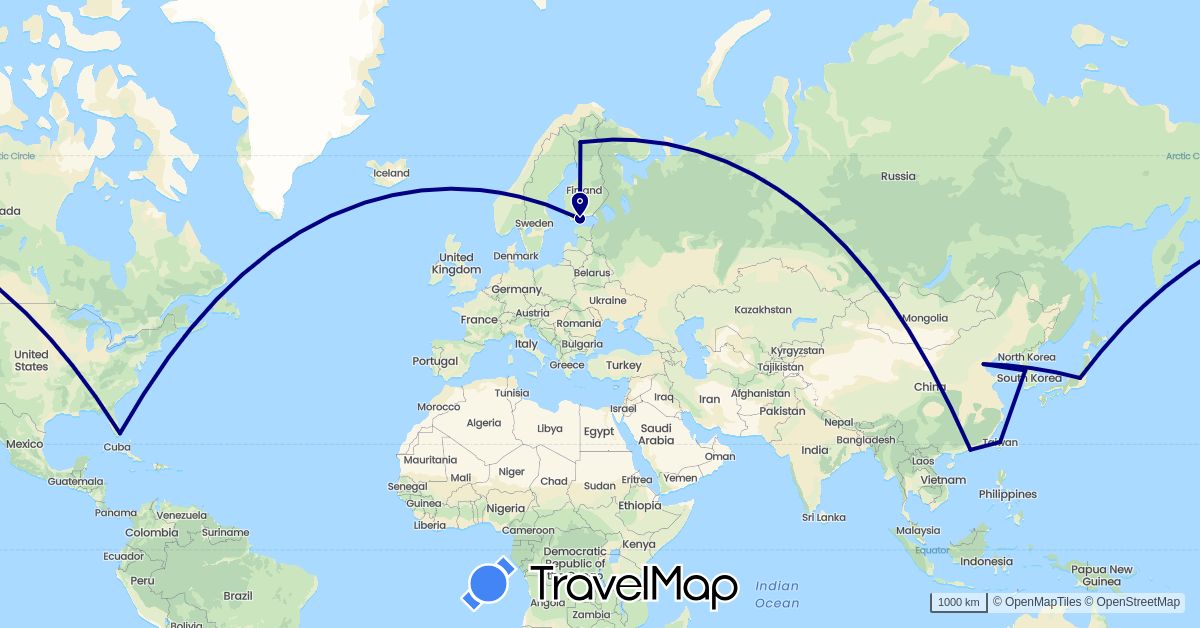 TravelMap itinerary: driving in China, Finland, Japan, South Korea, Taiwan, United States (Asia, Europe, North America)